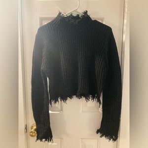 Black knitted frayed sweater, XS, cropped